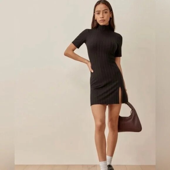 Reformation Zia Mock Neck Black Ribbed Minidress | Size S - Picture 2 of 5